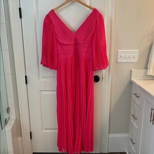 Rickie Freeman for Teri Jon Hot Pink Pleated V-Neck Maxi Dress